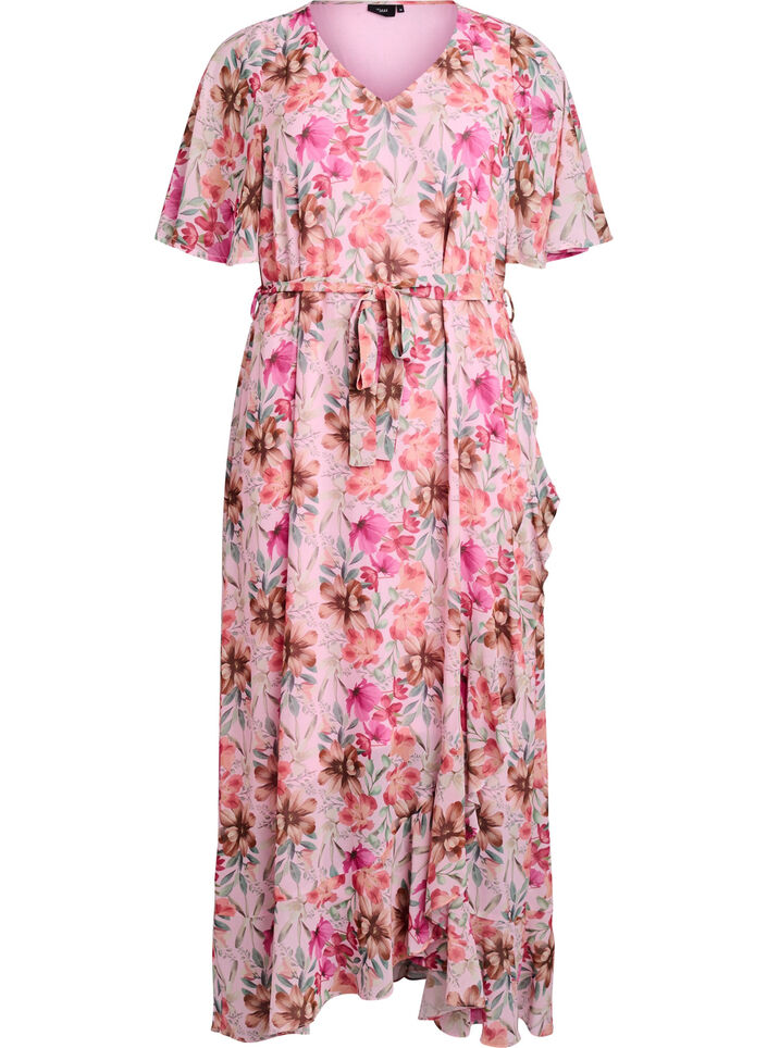 Chiffon maxikjole med V-hals og rysjekant, , Packshot image number 0