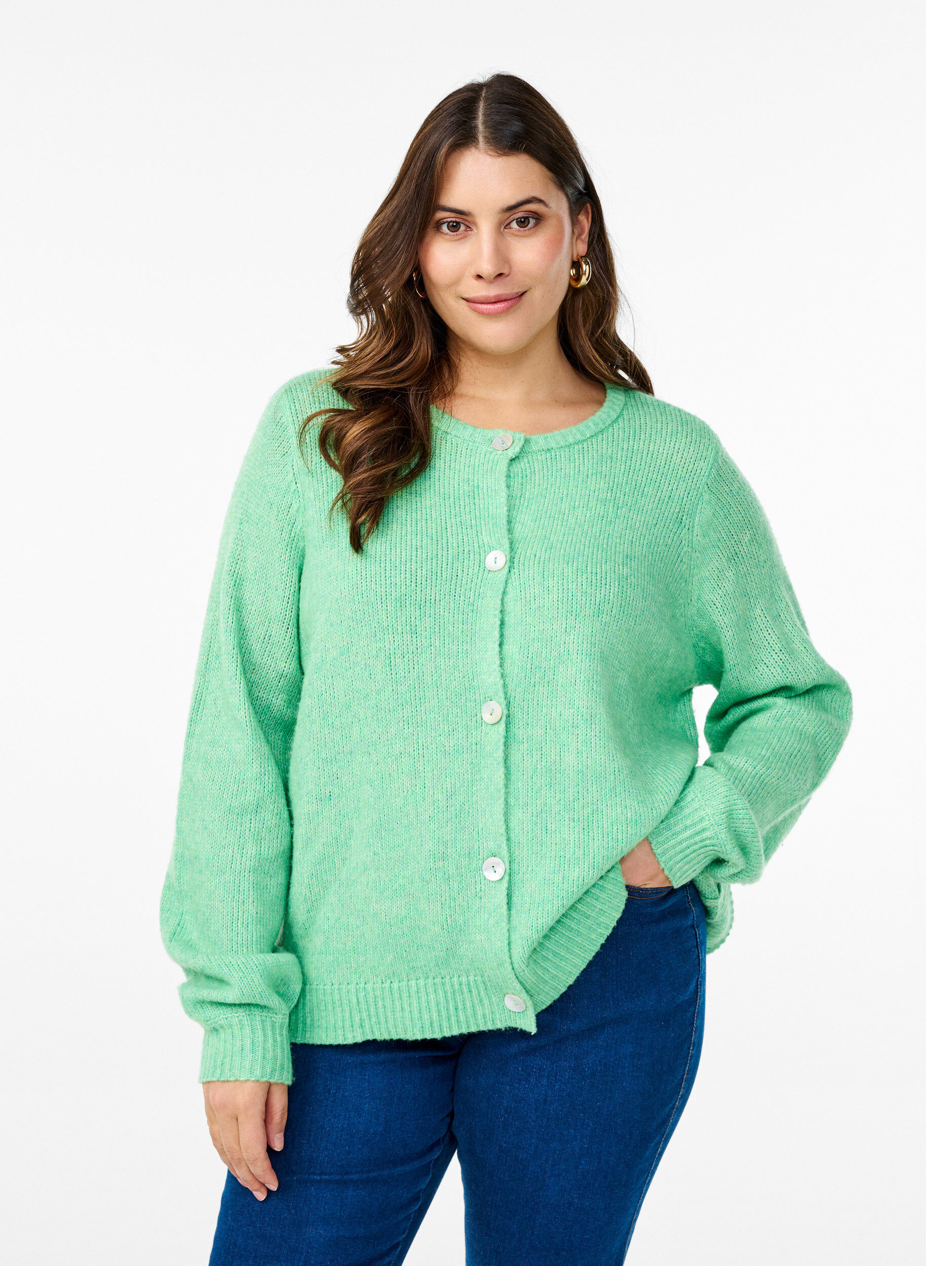 Zizzi Strikket cardigan med ull og knapper, Light G. Green Mel., Model image number 0
