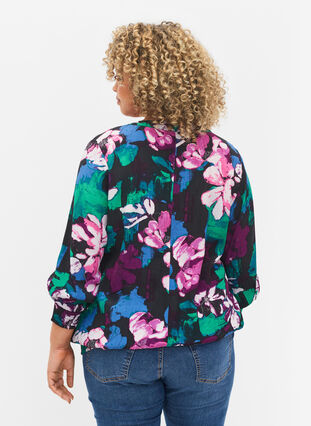 Blomstrete bluse med 3/4-ermer i viskose, Black Flower AOP, Model image number 1