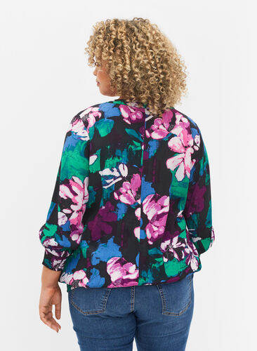Blomstrete bluse med 3/4-ermer i viskose, Black Flower AOP, Model image number 1