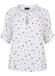Blomstret viskosebluse med halvlange ermer, Bright White Flower