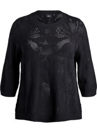 Strikket bluse med åpent mønster og 3/4-ermer, Black