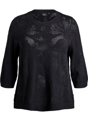 Zizzi Strikket bluse med åpent mønster og 3/4-ermer, Black, Packshot image number 0