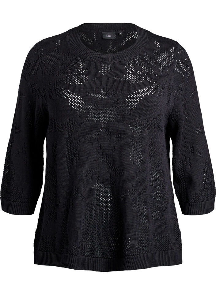 Strikket bluse med åpent mønster og 3/4-ermer, Black, Packshot image number 0