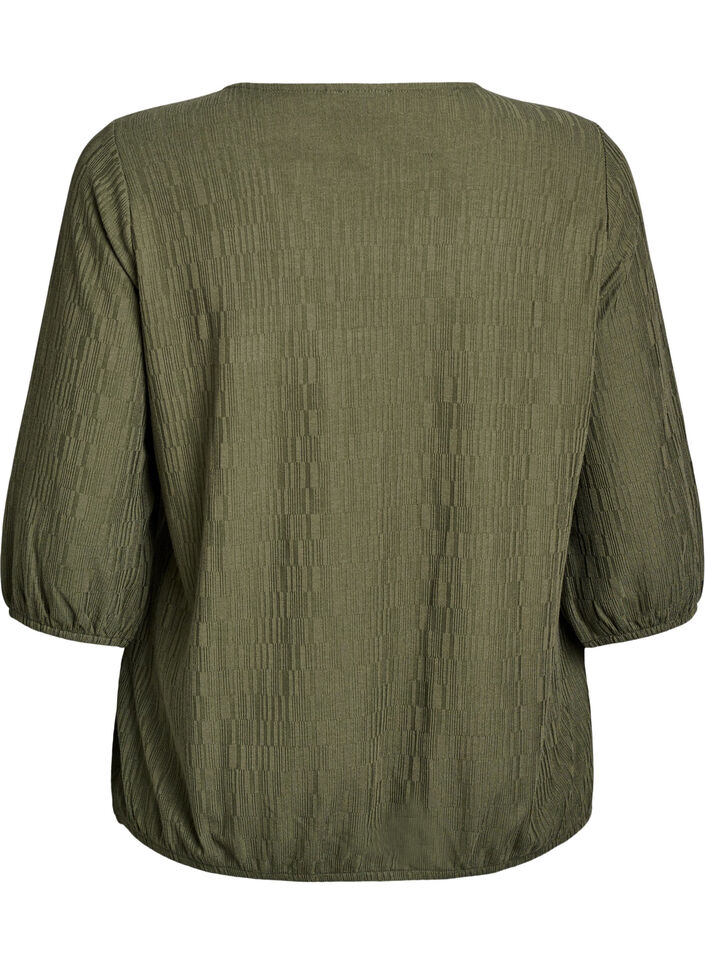 Bluse med tekstur og 3/4 ermer, Gr&oslash;nn, Packshot image number 1