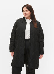 Lang quiltet jakke med lommer og glidelås., Black, Model
