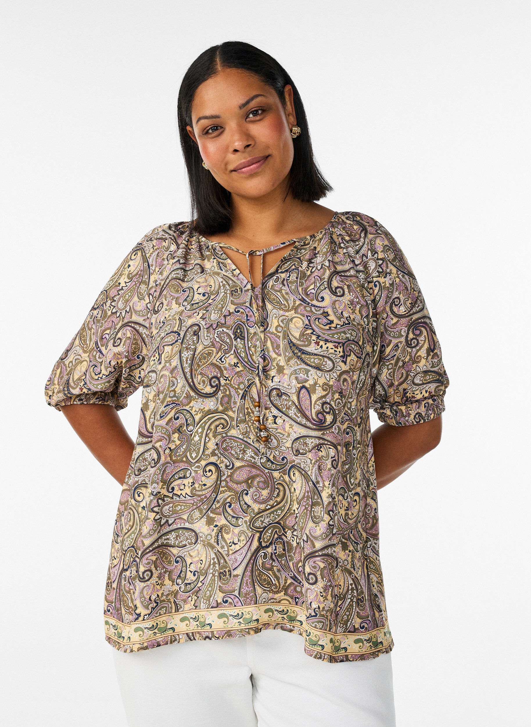 ZizziViskose bluse med paisley-trykk og knytesnor, Gul, Model image number 0