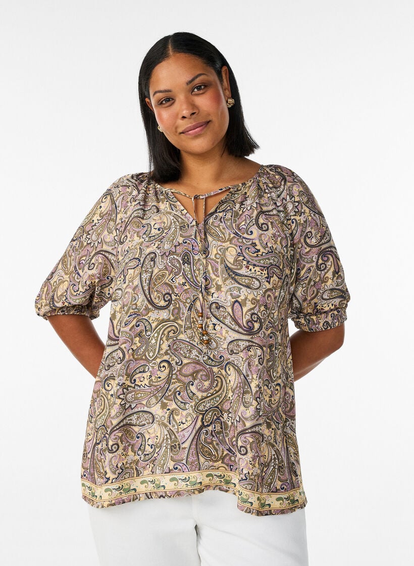 Viskose bluse med paisley-trykk og knytesnor, Gul, Model image number 0