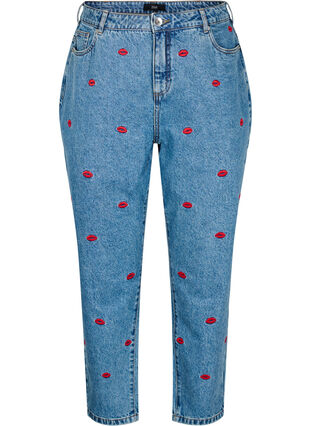 Zizzi Mille mom-fit jeans med broderi, Blå, Packshot image number 0