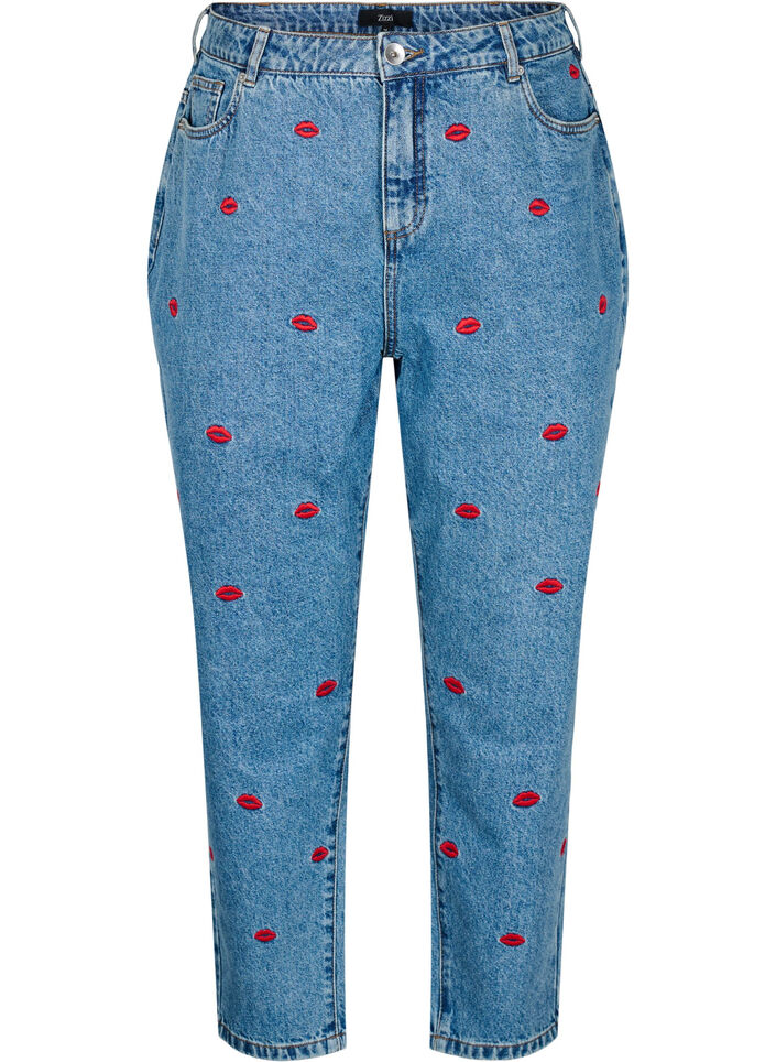 Mille mom-fit jeans med broderi, Blå, Packshot image number 0