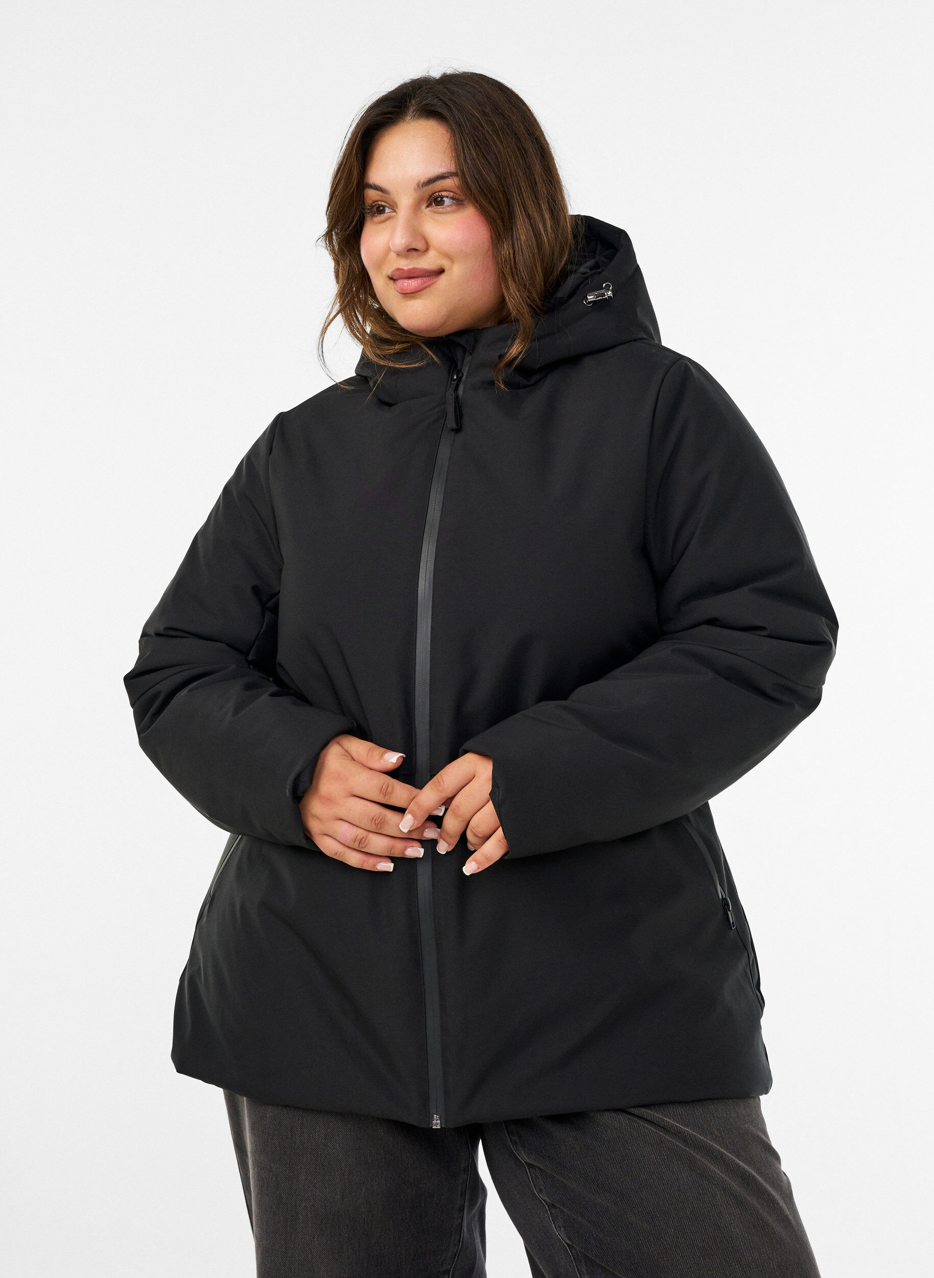 ZizziVinterjakke med hette og justerbar midje, Svart, Model image number 0