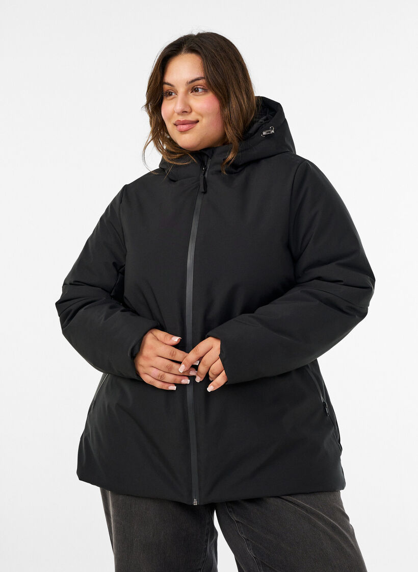 Vinterjakke med hette og justerbar midje, Svart, Model image number 0