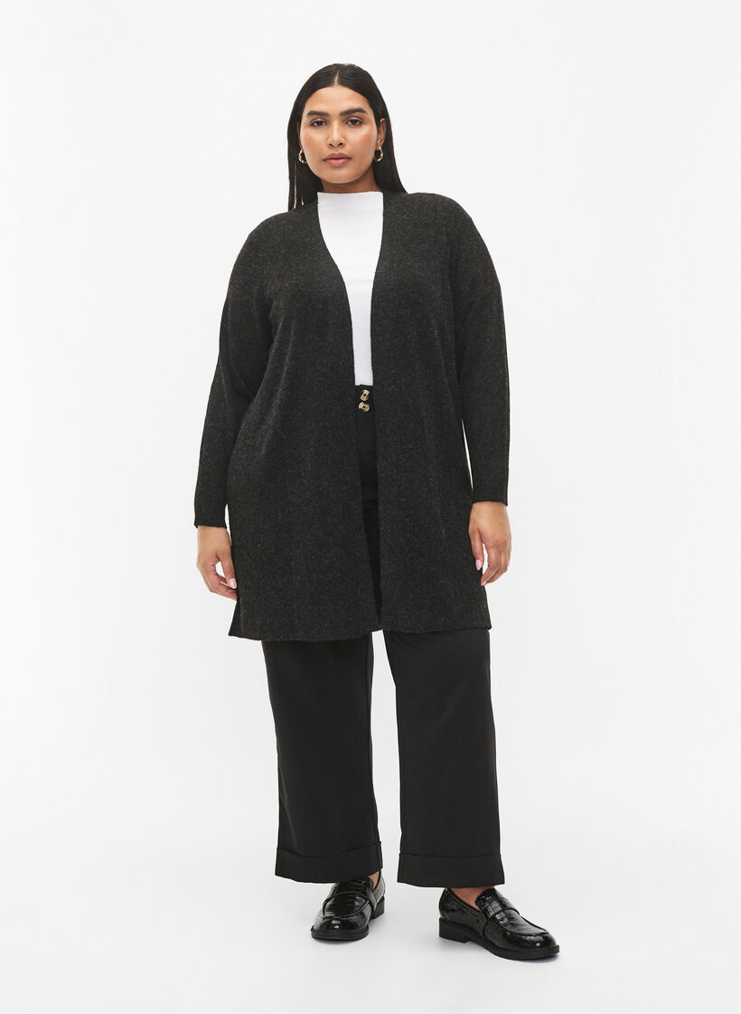 Lang cardigan med åpen front, Dark Grey Melange, Model image number 2