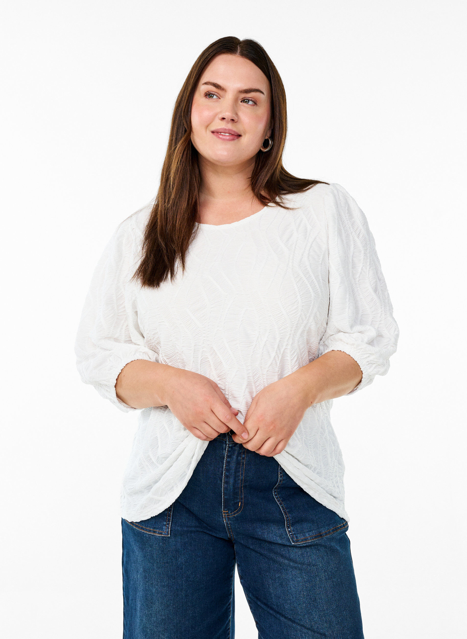 ZizziBluse med tekstur og 3/4-ermer, Hvit, Model image number 0