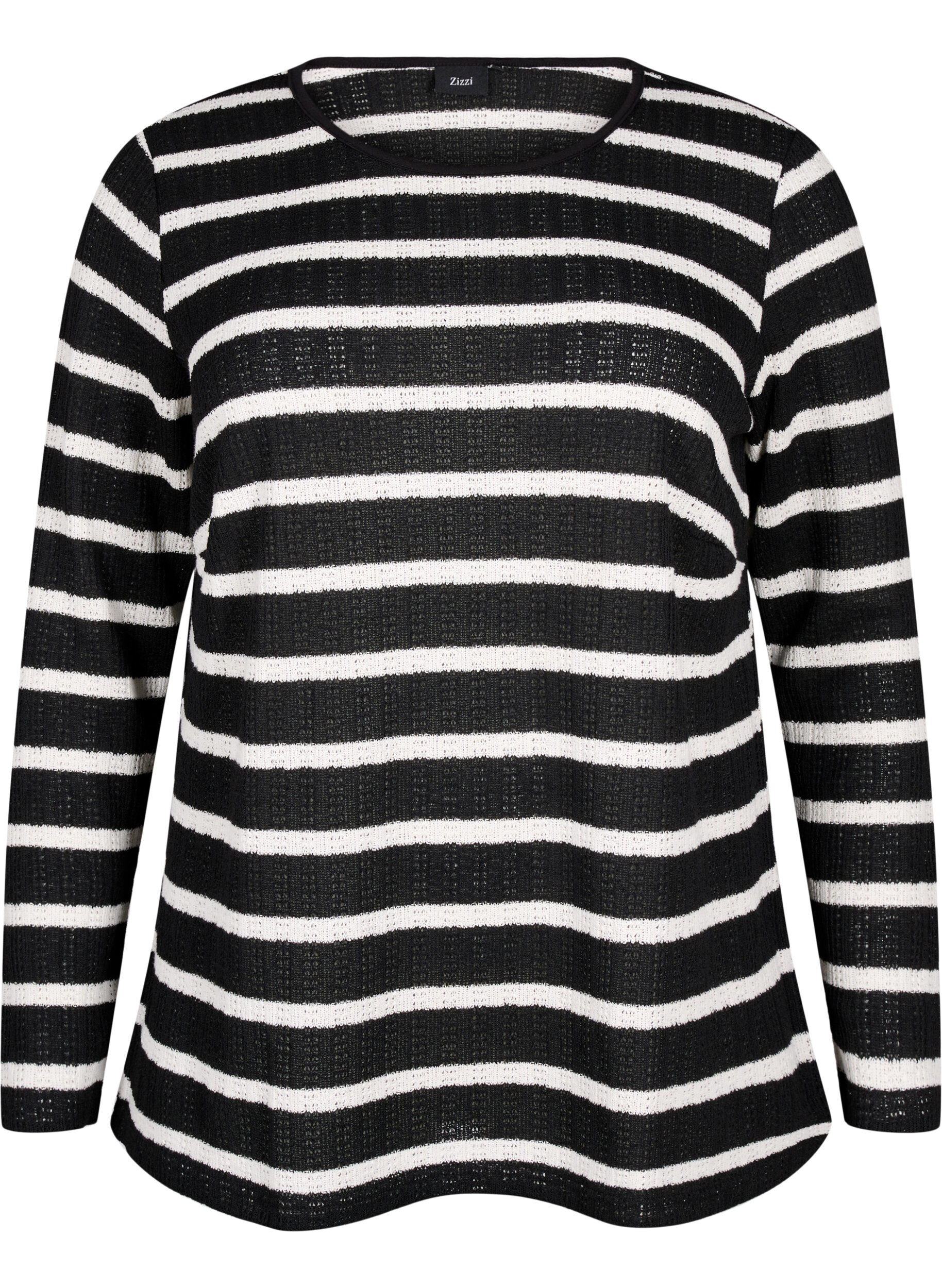 Zizzi Bluse med striper og lange ermer, Black Sand Stripe, Packshot image number 0