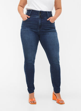 Super slanke Bea-jeans med ekstra høy midje, Blue denim, Model image number 2