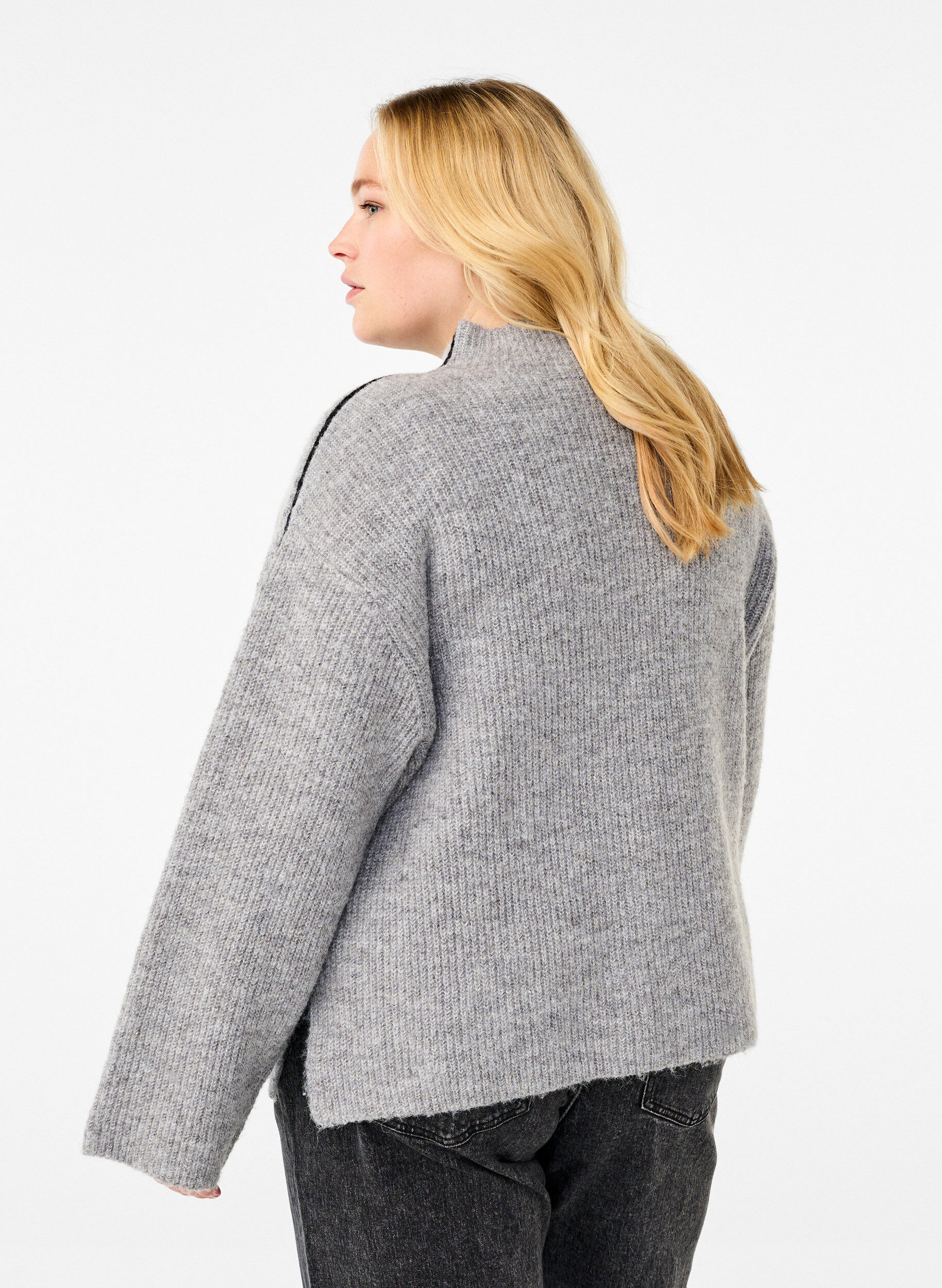 Zizzi Strikket bluse med ull og kontraststriper, Medium Grey Melange, Model image number 1
