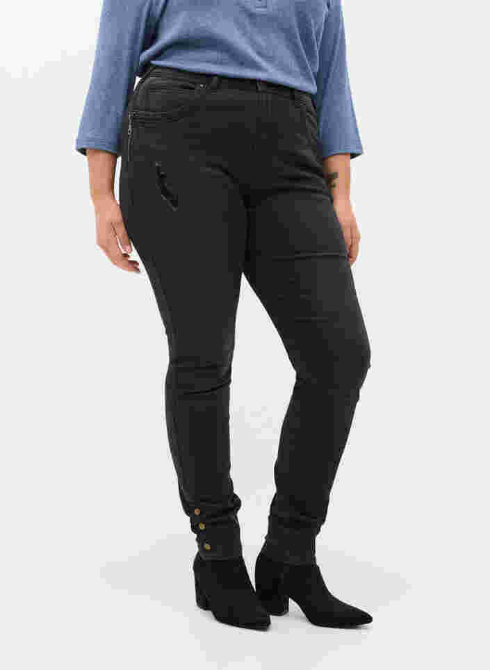Super slim Amy jeans med splitt og knapper, Grey Denim, Model image number 2
