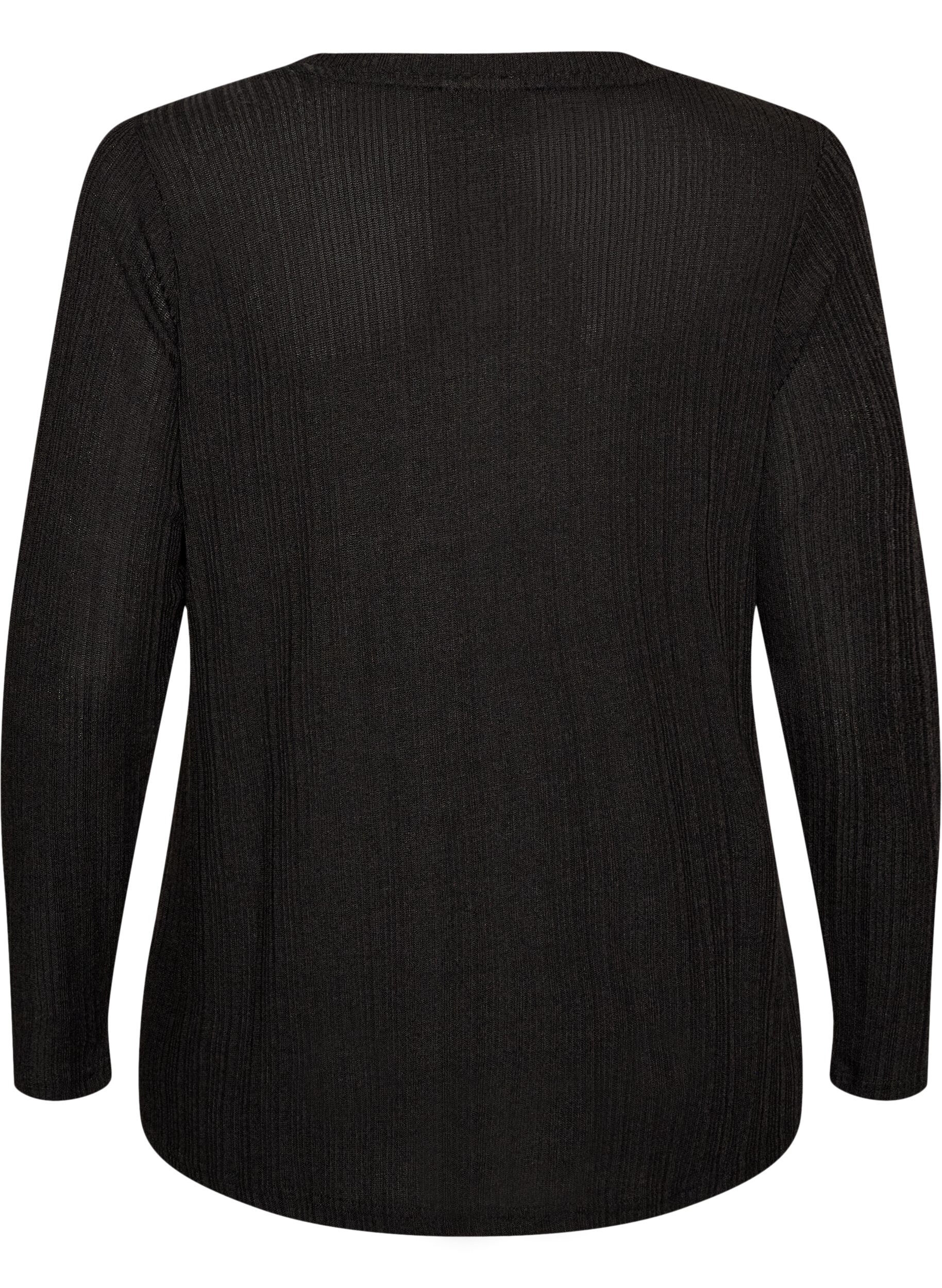 ZizziJerseybluse med ribbestruktur og lange ermer, Svart, Packshot image number 1