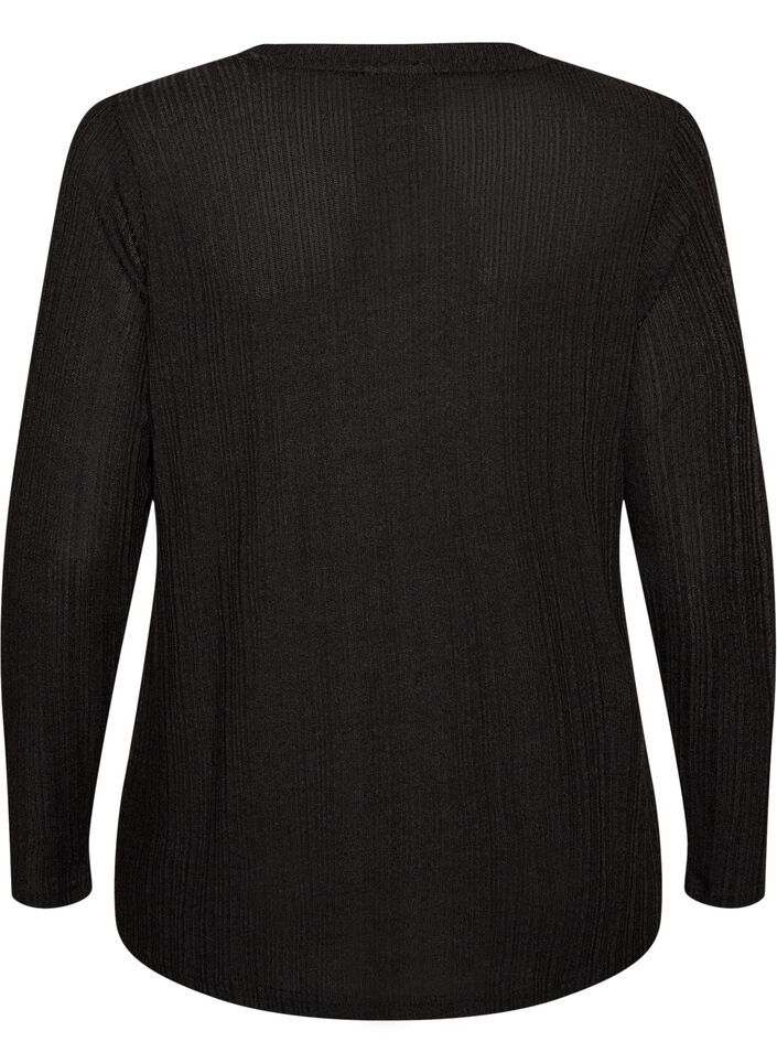 Jerseybluse med ribbestruktur og lange ermer, Svart, Packshot image number 1
