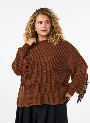 Zizzi Strikket bluse med frynser på ryggen, Tiramisu, Model image number 1