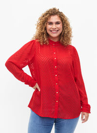 Skjortebluse med volanger og mønstret tekstur, Tango Red, Model