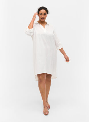 Stripet kjole i bomull og lin, White, Model image number 2