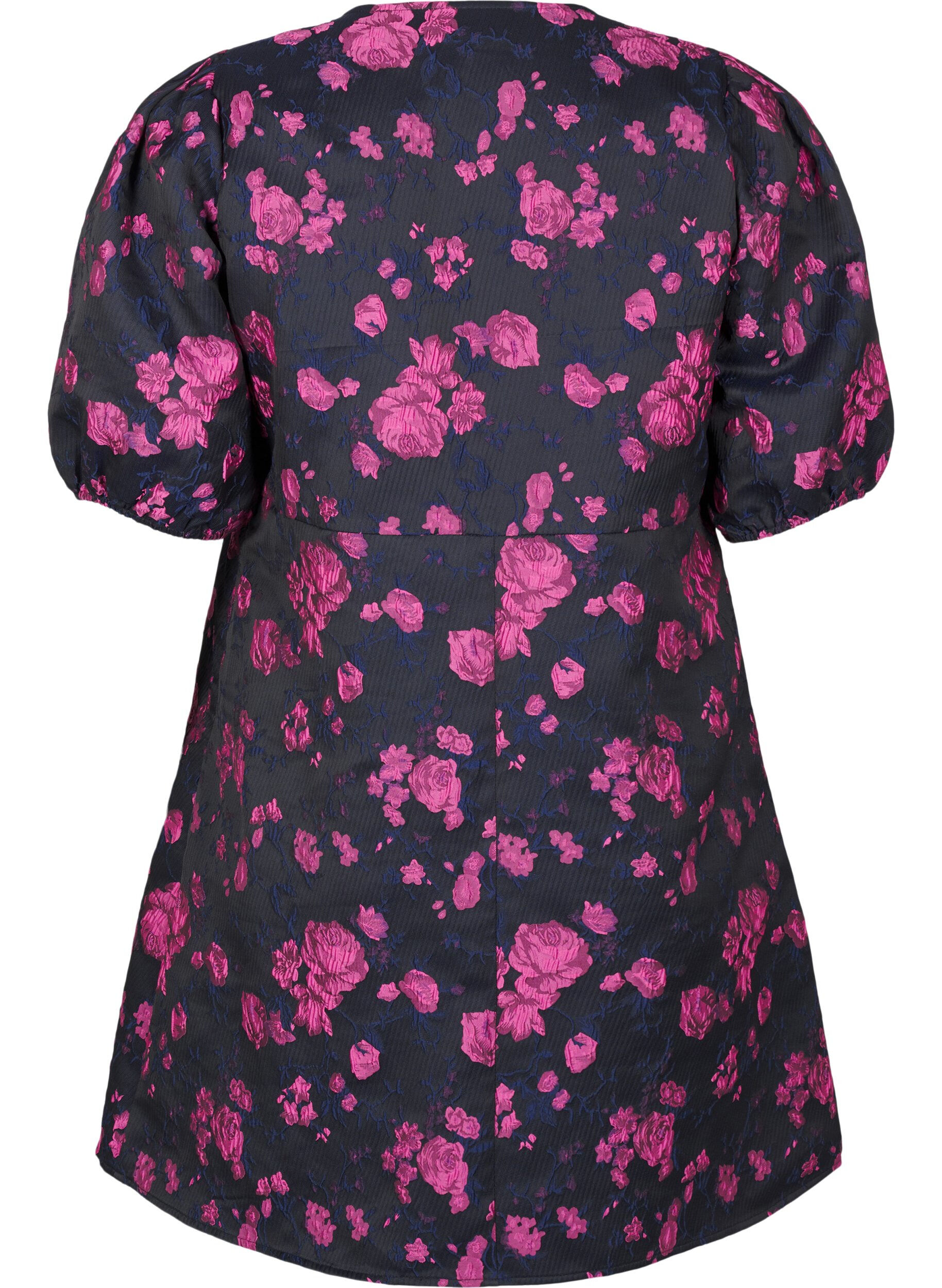 Zizzi Kort jacquard omslagskjole, Black w. Red Rose, Packshot image number 1