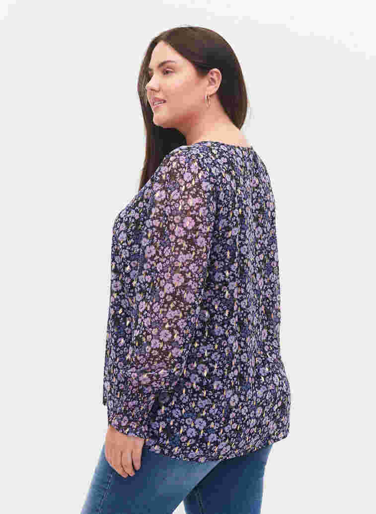 Blomstrete bluse med lange ermer og V-hals, Purple Ditzy Flower, Model