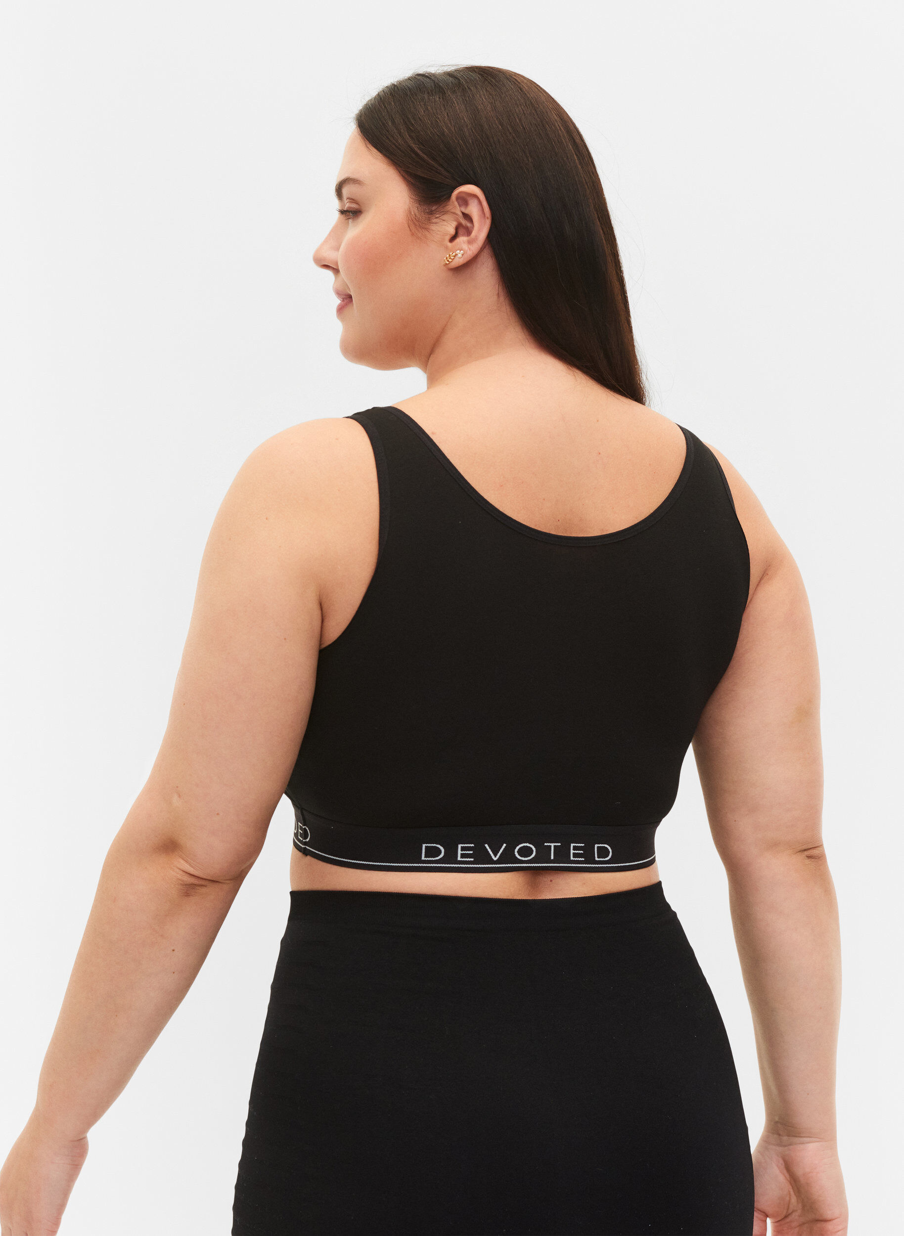 Zizzi Uvattert BH i bomull med tekstprint, Black/Upper Font, Model image number 1