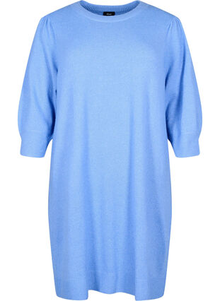 Strikket kjole med 3/4 puffermer, Blue B. /White Mel., Packshot image number 0