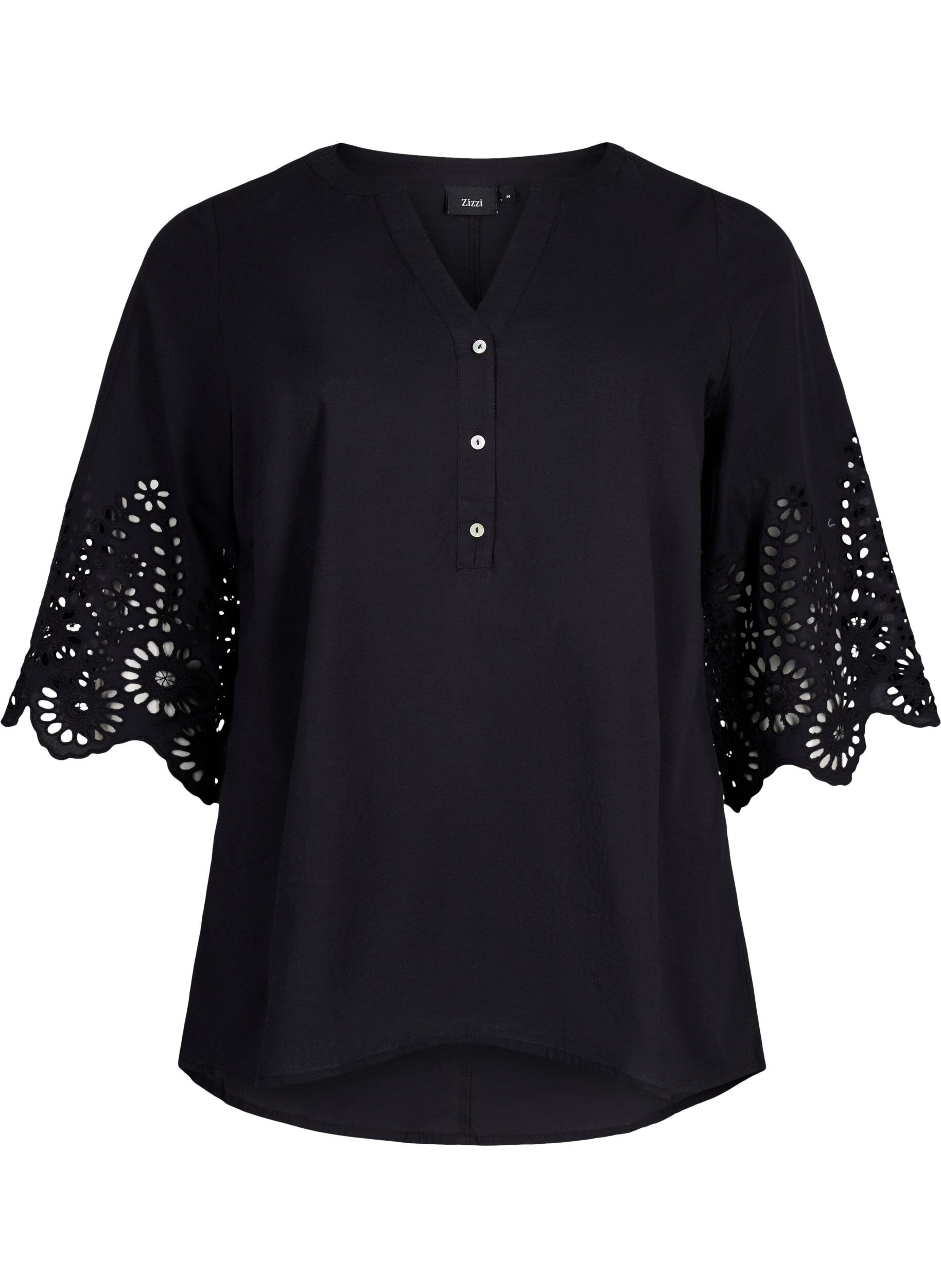 Zizzi Skjortebluse med engelsk broderi og 3/4-ermer, Black, Packshot image number 0