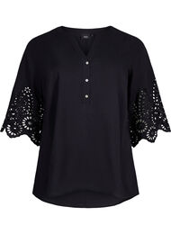 Skjortebluse med engelsk broderi og 3/4-ermer, Black