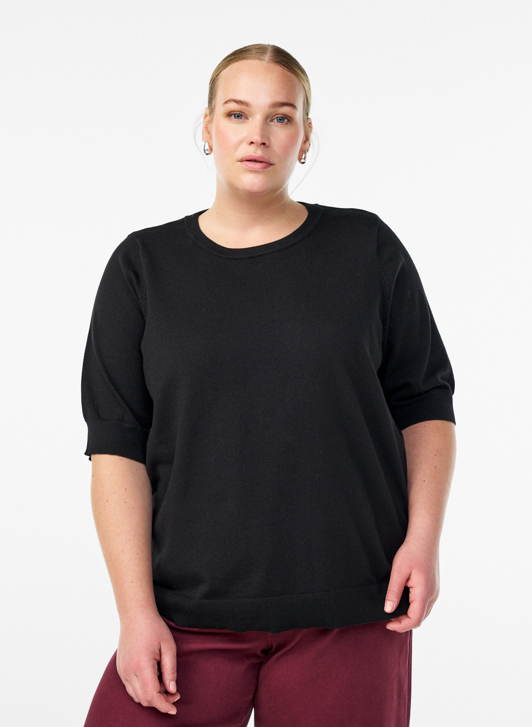 ZizziFinstrikket bluse med korte ermer, Svart, Model image number 0