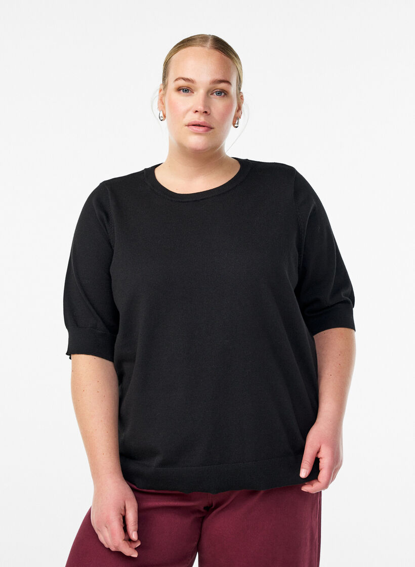 Finstrikket bluse med korte ermer, Svart, Model image number 0