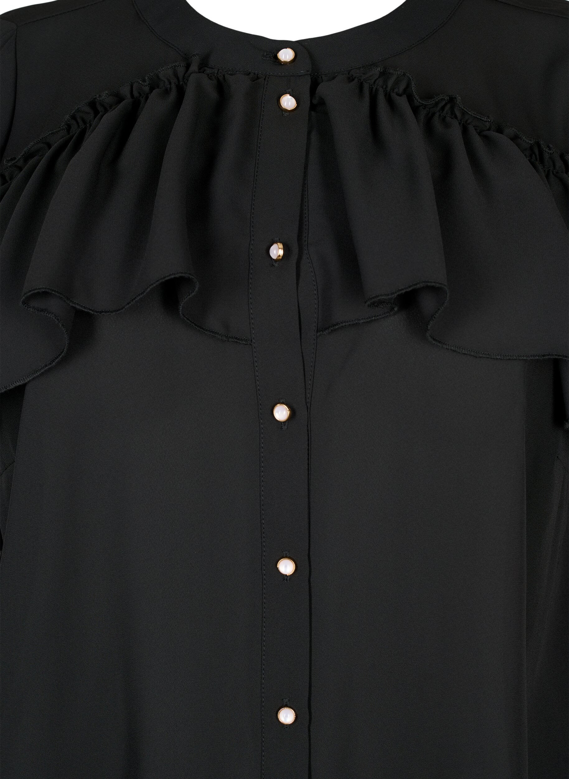 Zizzi Ruffle-skjortebluse med perleknapper, Black, Packshot image number 2