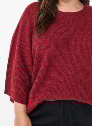 Zizzi Ribbestrikket genser med 3/4 ermer, Rød, Model image number 3