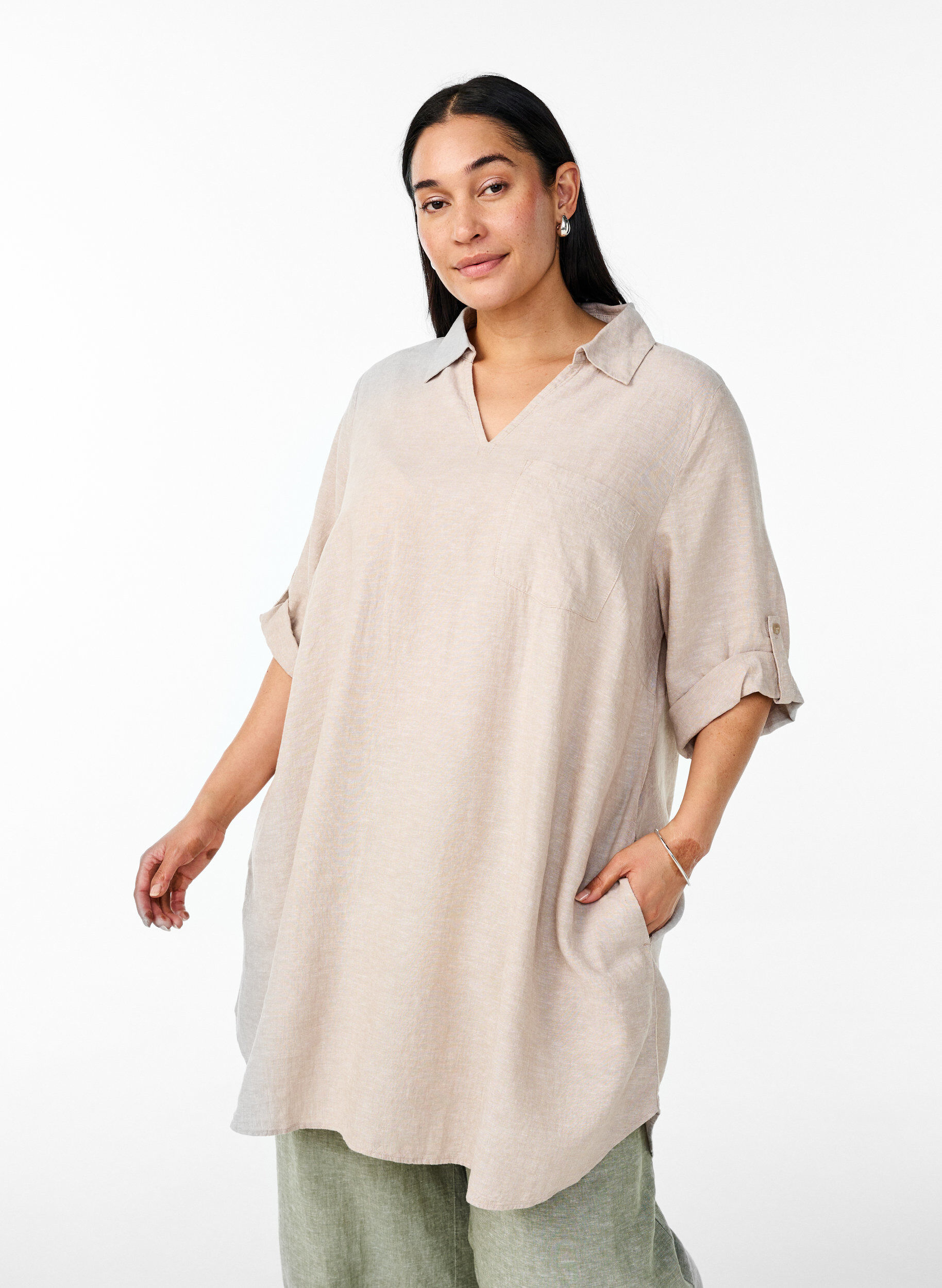 Tunika i lin og viskose med A-form, Beige, Model