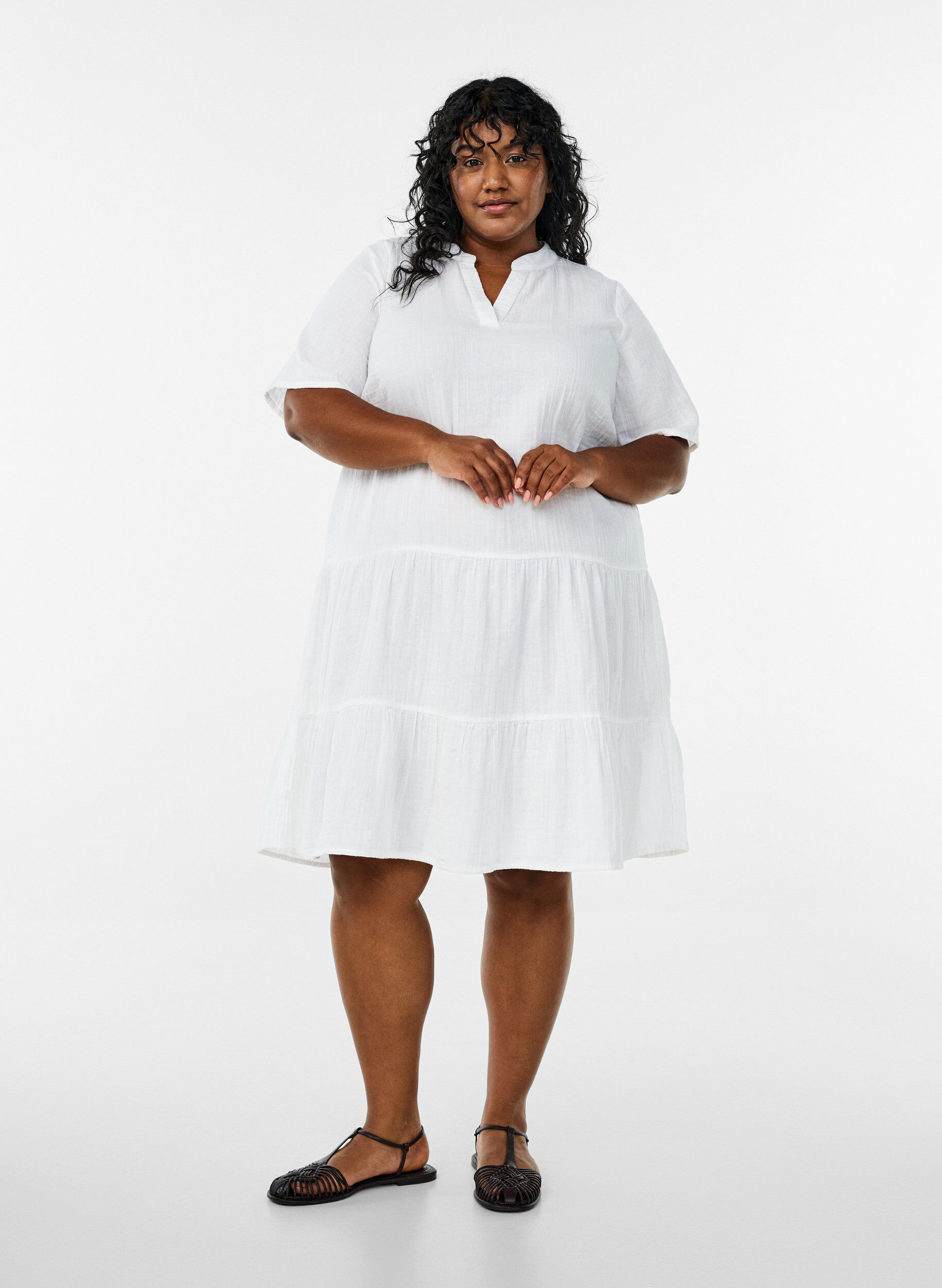 ZizziKort A-linjekjole i bomullsmuslin, Hvit, Model image number 1