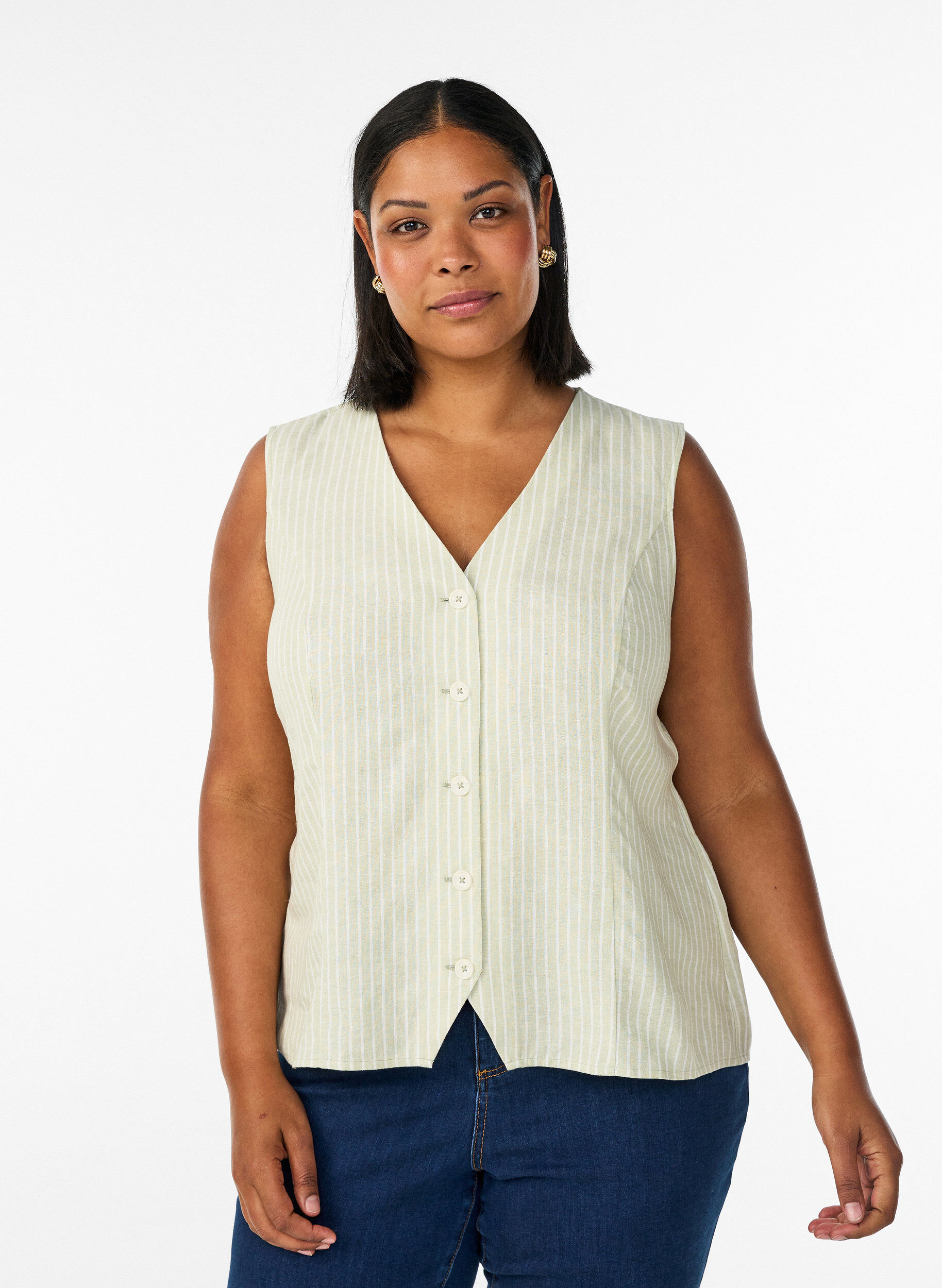 Stripet vest i lin og viskose, Gr&oslash;nn, Model