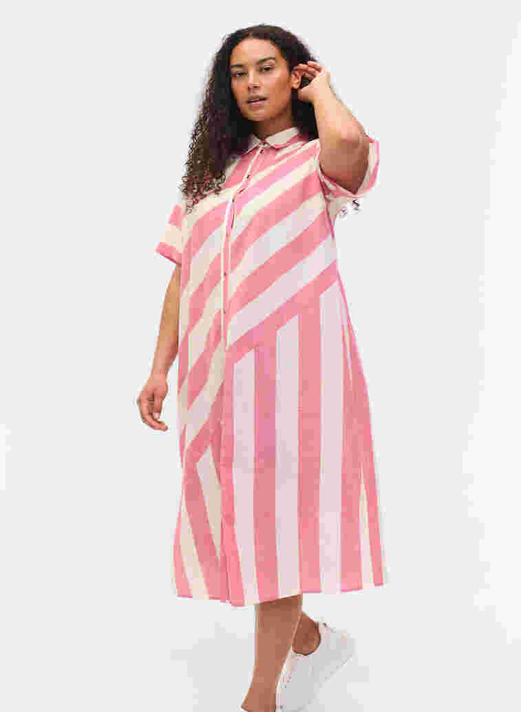 Kortermet skjortekjole i bomull med striper, Magenta Stripe, Model image number 2