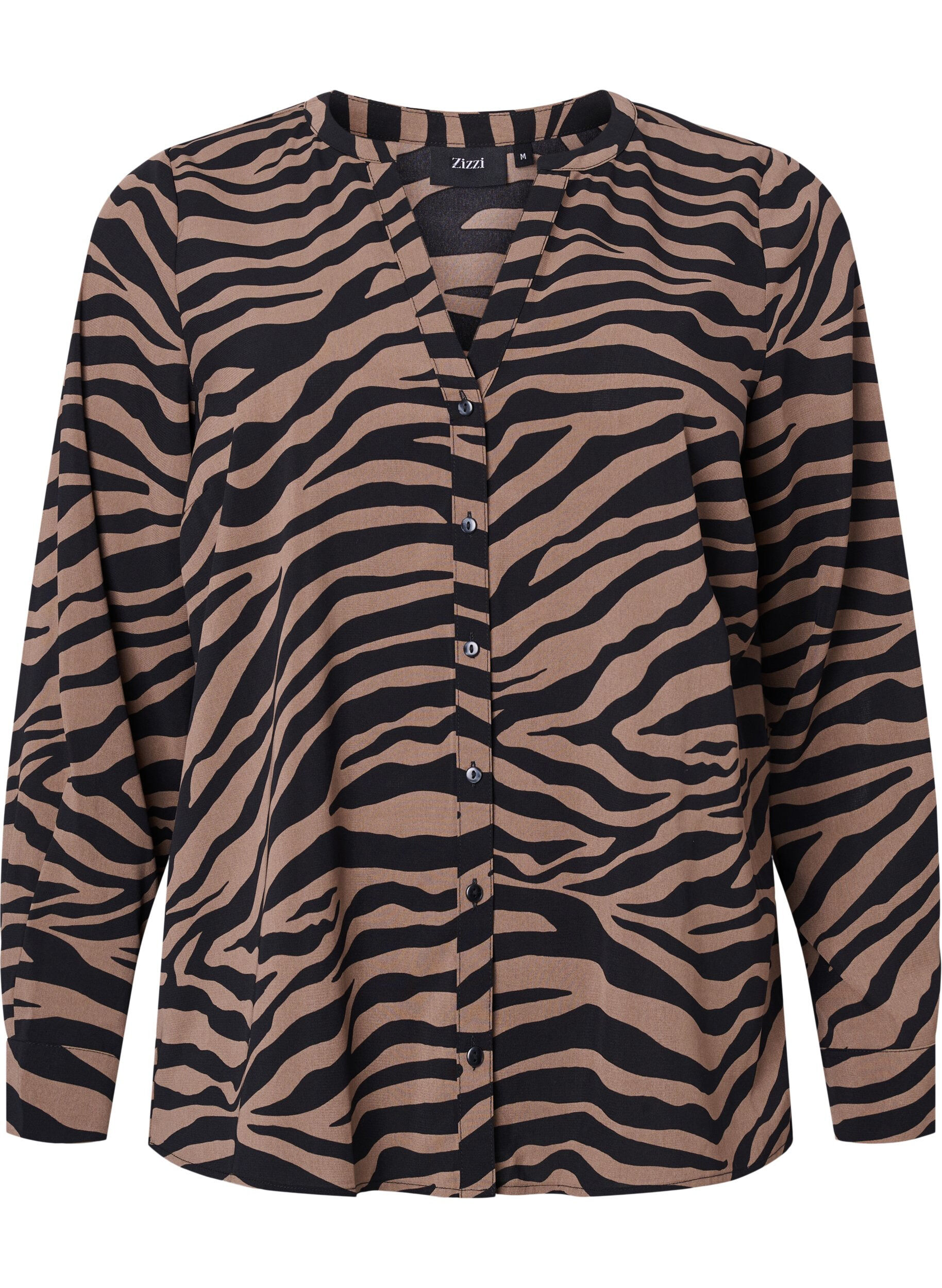 Zizzi Skjorte med v-hals og sebratrykk, Black/Brown Zebra, Packshot image number 0