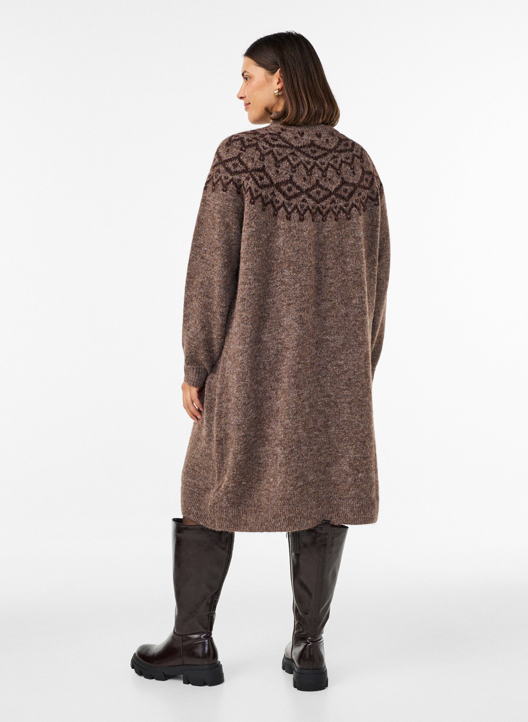 ZizziStrikkekjole med jacquardm&oslash;nster, Brun, Model image number 2