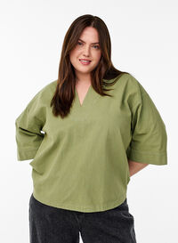 Løs bluse med krage og 1/2 ermer, Grønn Løs bluse med krage og 1/2 ermer, Grønn, Model