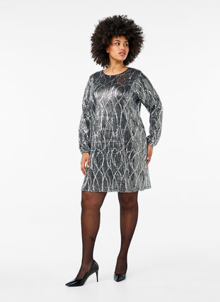Zizzi Langermet paljettkjole med mønster, Silver Sequins, Model image number 3