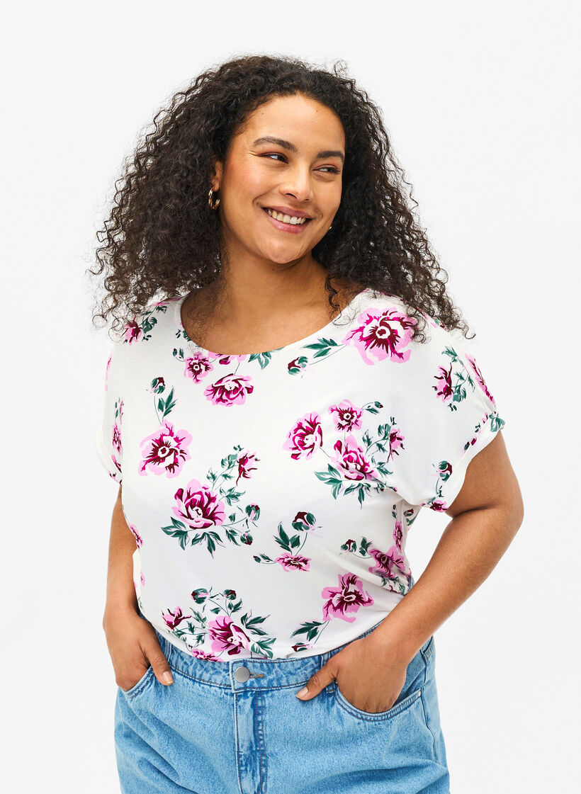 Blomstret bluse i viskose med korte ermer, White Pink AOP, Model image number 0