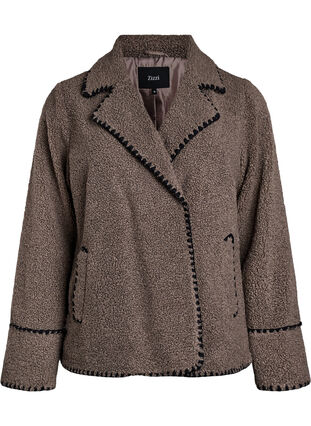 Zizzi Teddyjakke med kontrastdetaljer, Brun, Packshot image number 0