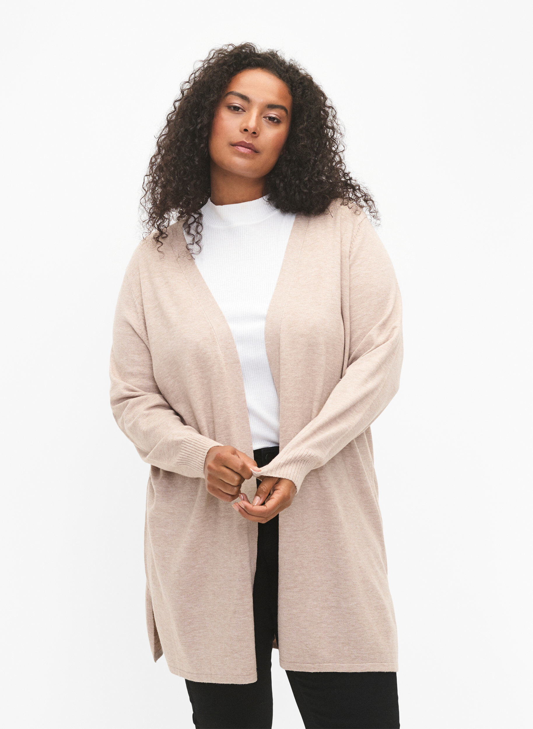 Zizzi Strikket cardigan med splitt og ribbekanter, Simply Taupe Mel., Model image number 0