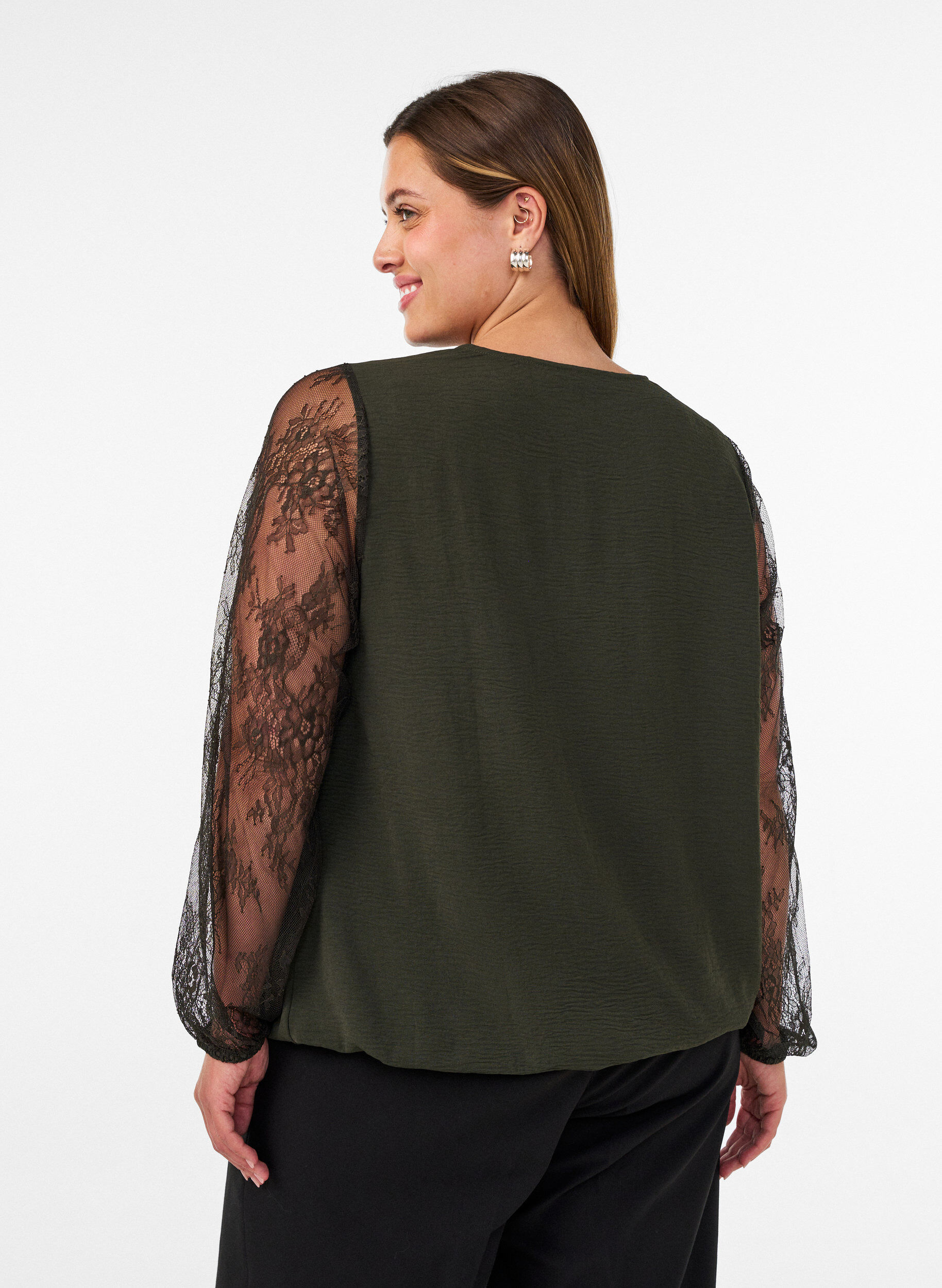 ZizziBluse med blondeermer og ballongfasong, Gr&oslash;nn, Model image number 2