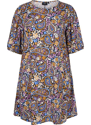 Kortermet viskosekjole med paisleymønster, Black G. Sky Paisley, Packshot image number 0
